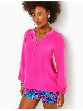 Lilly Pulitzer ELSA TOP PINK PALMS Size Small 100% Silk Blouse Long Sleeve